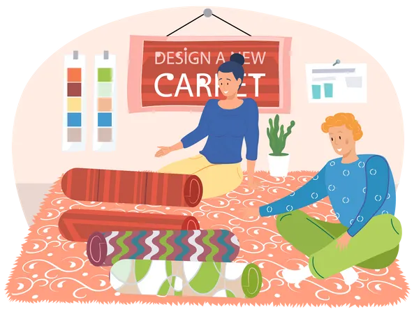 Couple looking at different carpet designs  Illustration