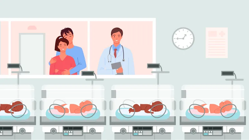 Couple looking at newborn baby in dorm  Illustration