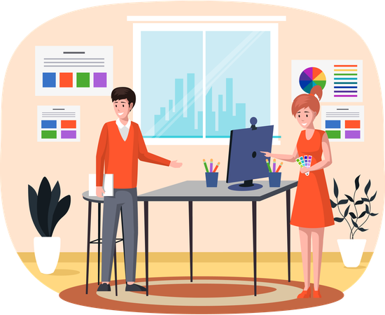 絵の具パレットを眺めるカップル  イラスト