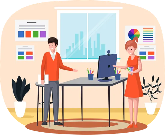 絵の具パレットを眺めるカップル  イラスト