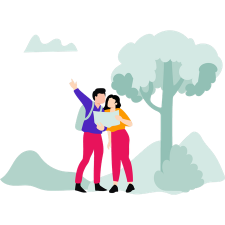 Couple looking at travel destination on map  Illustration