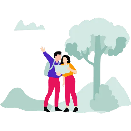 Boy And Girl Looking At Travel Destination On Map Illustration