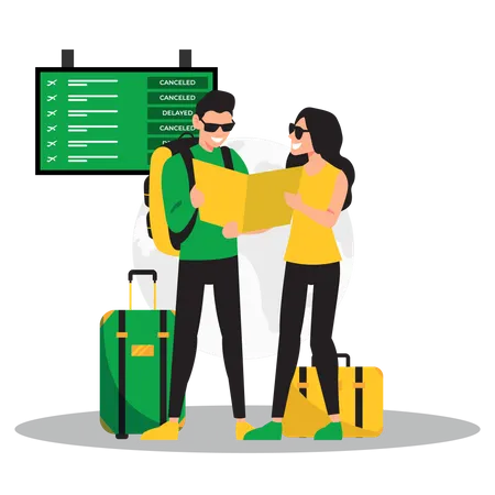 Couple looking for flight schedule  Illustration