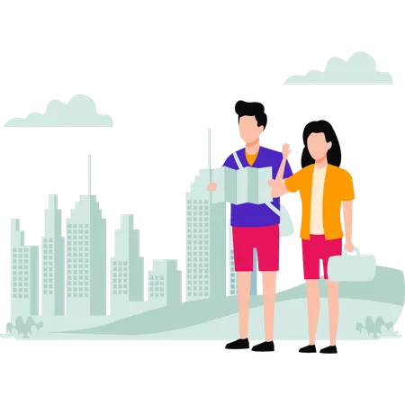 Boy And Girl Looking For Travel Destination On Map Illustration