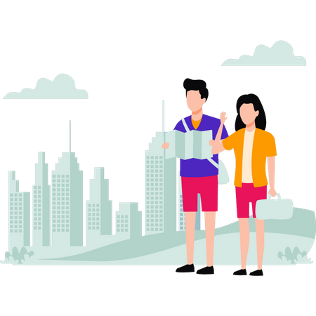 Couple looking for travel destination on map  イラスト