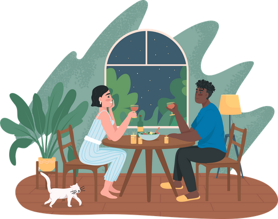 Couple en rendez-vous romantique pour un dîner à la maison  Illustration