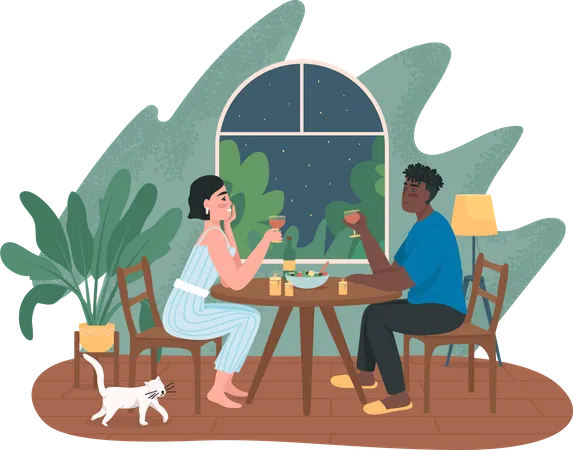 Couple en rendez-vous romantique pour un dîner à la maison  Illustration