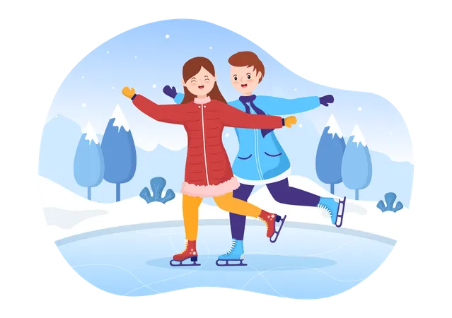 Ice Skating Hand Drawn Cartoon Flat Illustration Of Winter Fun Outdoors Sport Activities On Ice Rink With Seasonal Outerwear Illustration