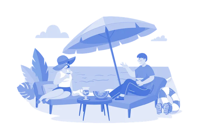 Man And Woman Lying On Beach Lounge And Drinking Cocktail Illustration