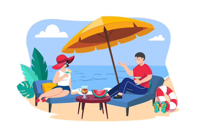 Couple lying on beach lounge and drinking cocktail Illustration