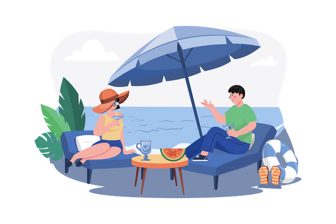 Couple lying on beach lounge and drinking cocktail  イラスト
