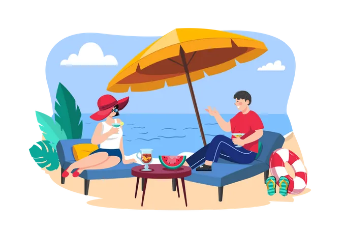 Couple lying on beach lounge and drinking cocktail  Illustration