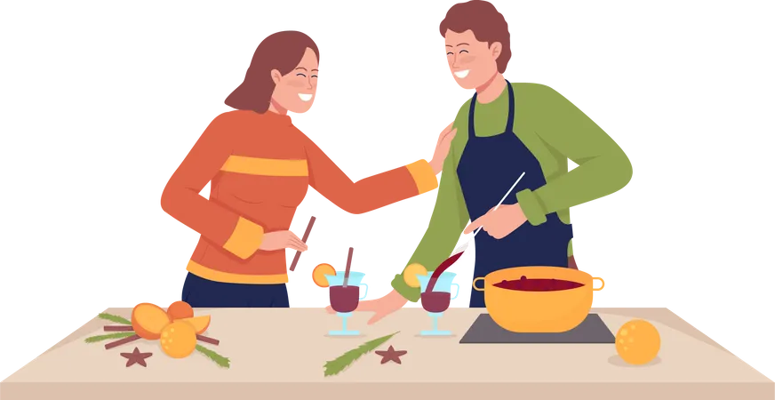 Couple Make Mulled Wine Semi Flat Color Vector Characters Posing Figures Full Body People On White Cooking Together Isolated Modern Cartoon Style Illustration For Graphic Design And Animation Illustration