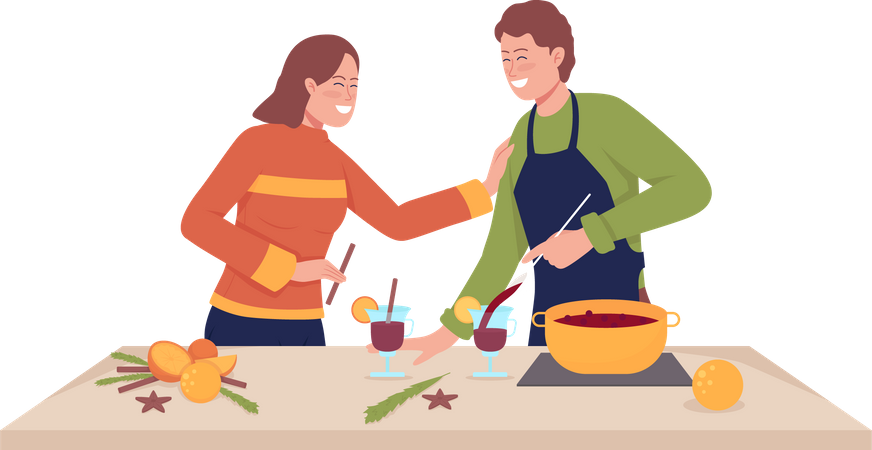 Couple make mulled wine  Illustration