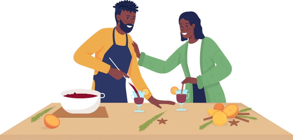 Couple Make Spiced Wine Semi Flat Color Vector Characters Posing Figures Full Body People On White Cooking Together Isolated Modern Cartoon Style Illustration For Graphic Design And Animation Illustration