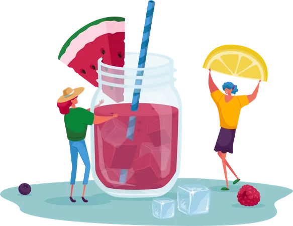 Couple making a glass of watermelon mocktail Illustration
