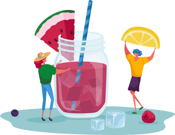 Couple making a glass of watermelon mocktail  Illustration