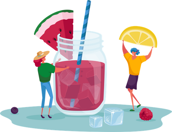 Couple making a glass of watermelon mocktail  Illustration