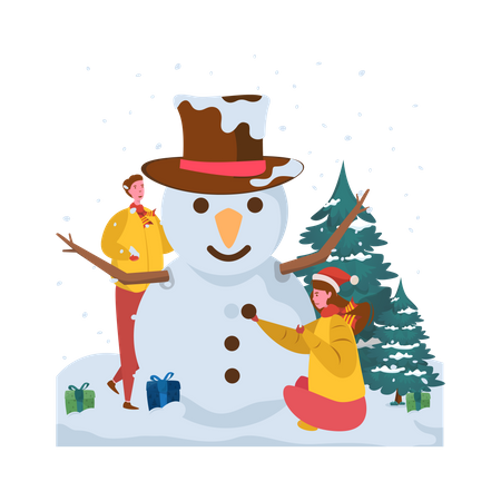 Couple faisant bonhomme de neige  Illustration