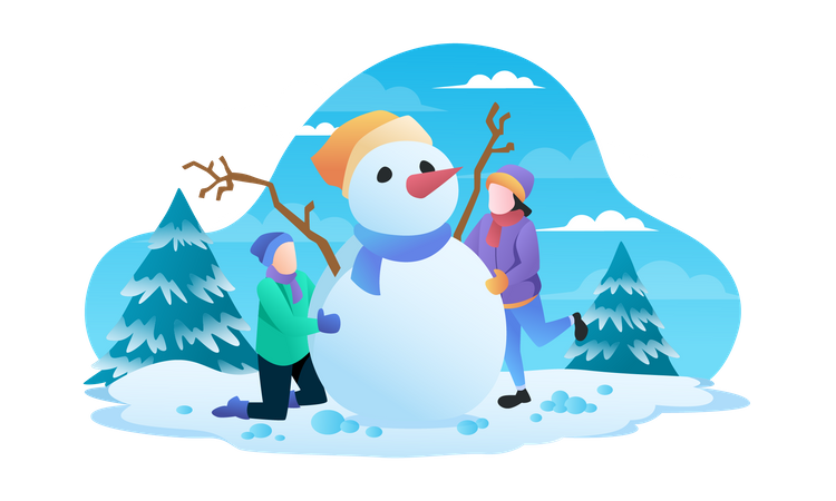 Couple faisant un bonhomme de neige en hiver  Illustration