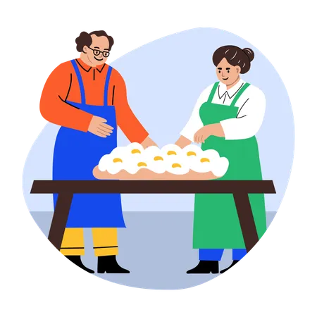 イースターにパンを作るカップル  イラスト