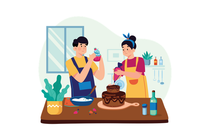 Couple making cake Illustration