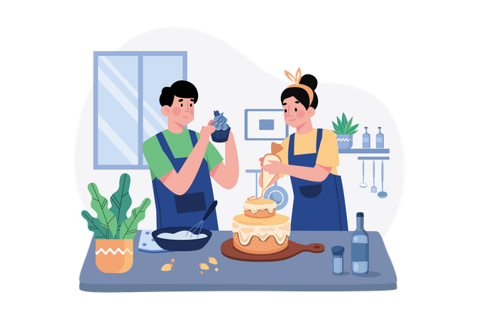 Couple making cake  Illustration