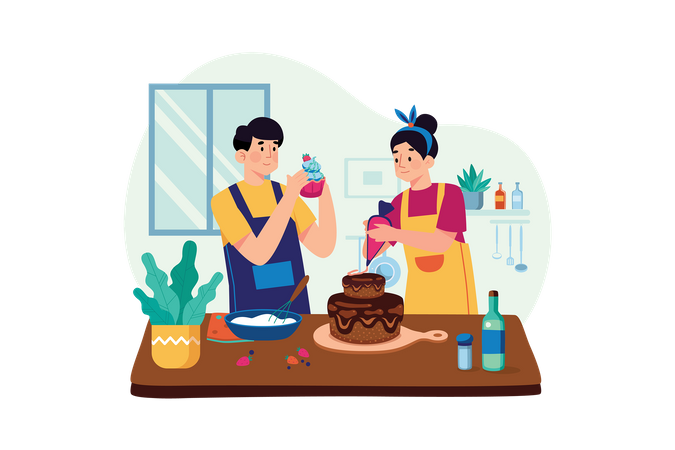 Couple making cake  Illustration