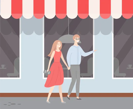 Male And Female In Love Guy In Glasses Lady In Red Dress Walking Outside Along Facade With Shop Windows Vector People In Casual Cloth Dating At Summer イラスト