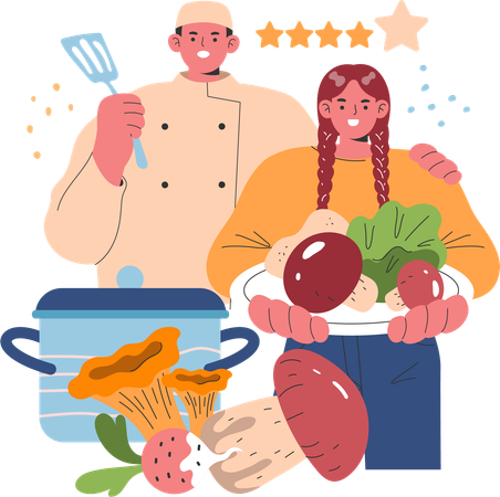 Couple making mushroom recipe  Illustration