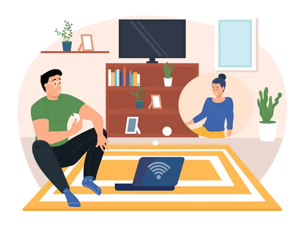Man And Woman Make Video Call Long Distance Relationship Between Friends Loving Couple Or Marriage Husband And Wife Online Talk On Laptop Via Internet Social Media And Communication Concept Illustration