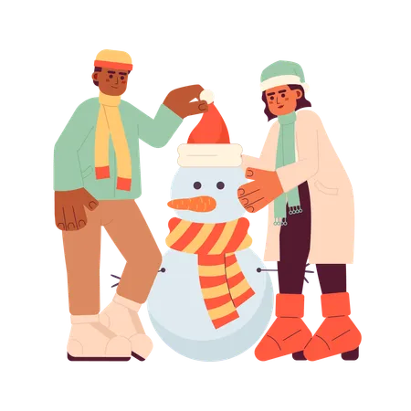 January Snowman Building Christmas Tradition Cartoon Flat Illustration Having Fun Winter Clothes Friends 2 D Characters Isolated On White Background Play Together Outside Scene Vector Color Image Illustration