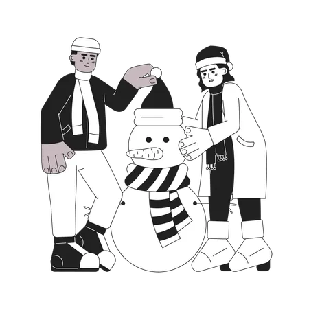 January Snowman Building Christmas Tradition Black And White Cartoon Flat Illustration Having Fun Winter Friends Linear 2 D Characters Isolated Play Together Outside Monochromatic Scene Vector Image Illustration