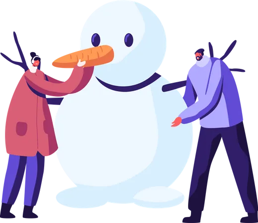 Young Man And Woman Characters Wearing Warm Clothing Making Funny Snowman Freezing Spring Or Winter Time Outdoor Activity People Playing On Holidays Weekend Vacation Cartoon Vector Illustration Illustration