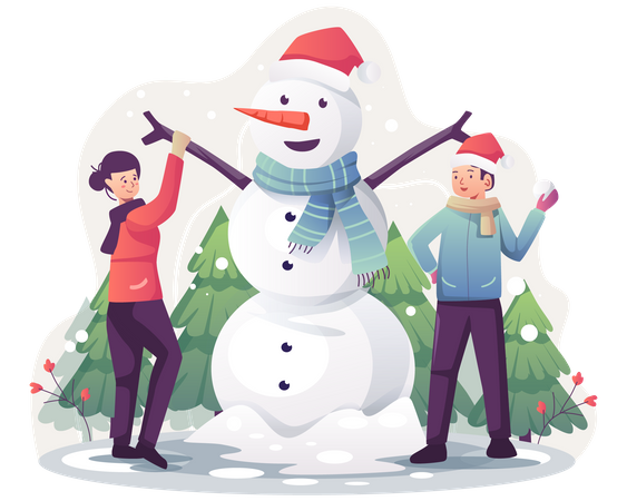 Couple making snowman  Illustration