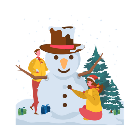 Couple making snowman  Illustration