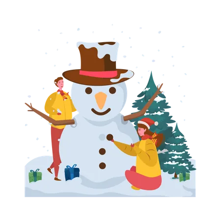 Couple making snowman  Illustration