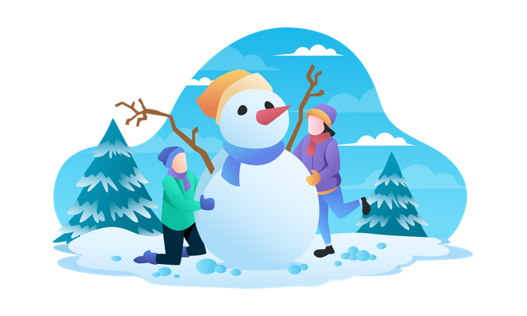 Couple making snowman in winter  Illustration