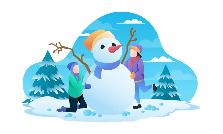 Couple making snowman in winter  Illustration