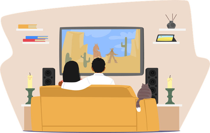 Couple Male and Female Characters Relax On Couch  Illustration