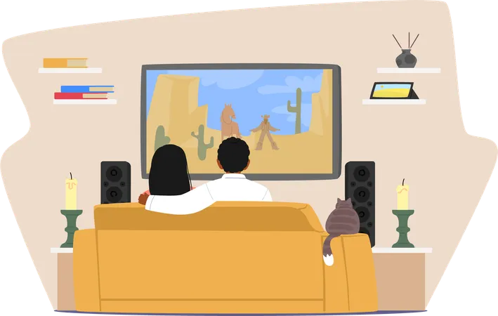 Couple Male and Female Characters Relax On Couch  Illustration