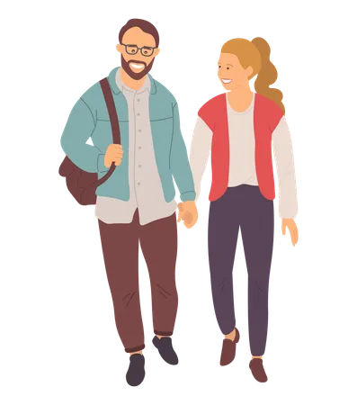 People Walking Holding Hands Vector Man And Woman Wearing Stylish Clothes Urban Style Bearded Man With Handbag Talking Male And Female Couple Illustration