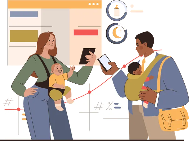 Couple managing twin babies together while doing online work  Illustration