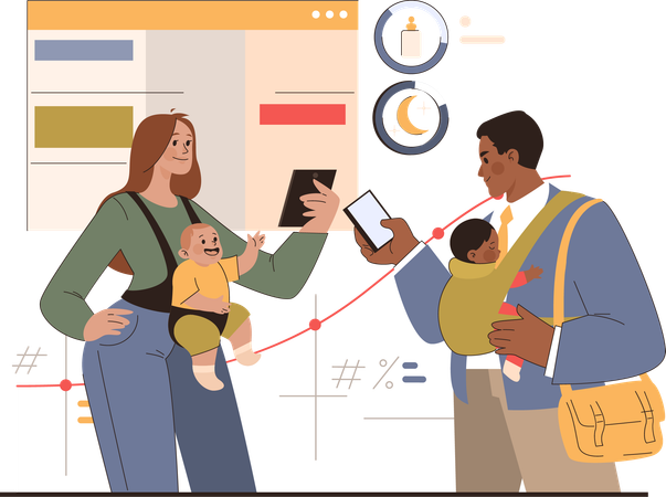 Couple managing twin babies together while doing online work  Illustration
