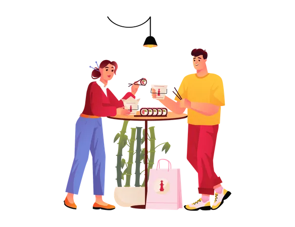 Couple mangeant au restaurant chinois  Illustration