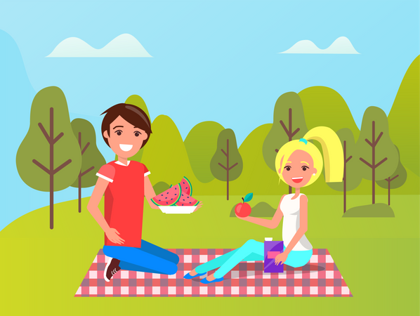 Couple mangeant des fruits dans le parc  Illustration