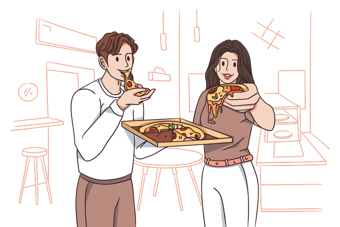 Couple mangeant de la pizza  Illustration