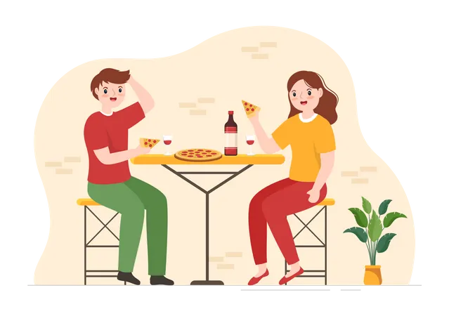 Couple mangeant de la pizza au café italien  Illustration