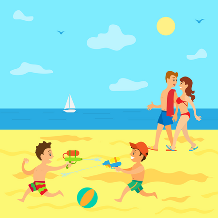 Couple marchant sur la plage et enfants jouant  Illustration