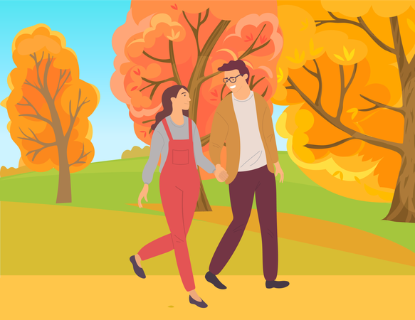 Couple marchant dans la forêt d'automne  Illustration